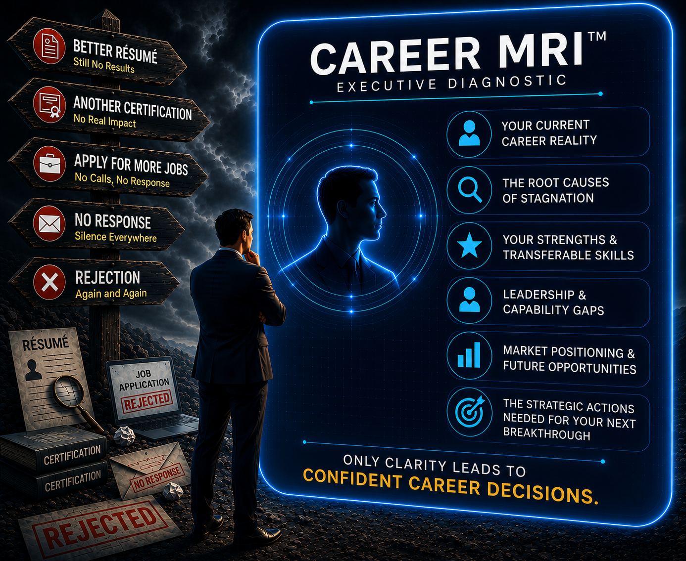 Career MRI™ Executive Diagnostic: a scan of your current career reality, the root causes of stagnation, your strengths and transferable skills, leadership and capability gaps, market positioning, and the strategic actions needed for your next breakthrough