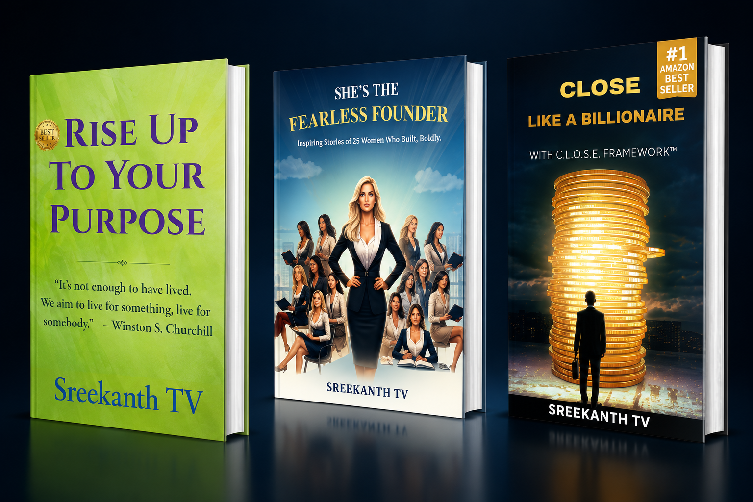 Sreekanth TV's three bestselling books: Rise Up To Your Purpose, She's The Fearless Founder and Close Like A Billionaire
